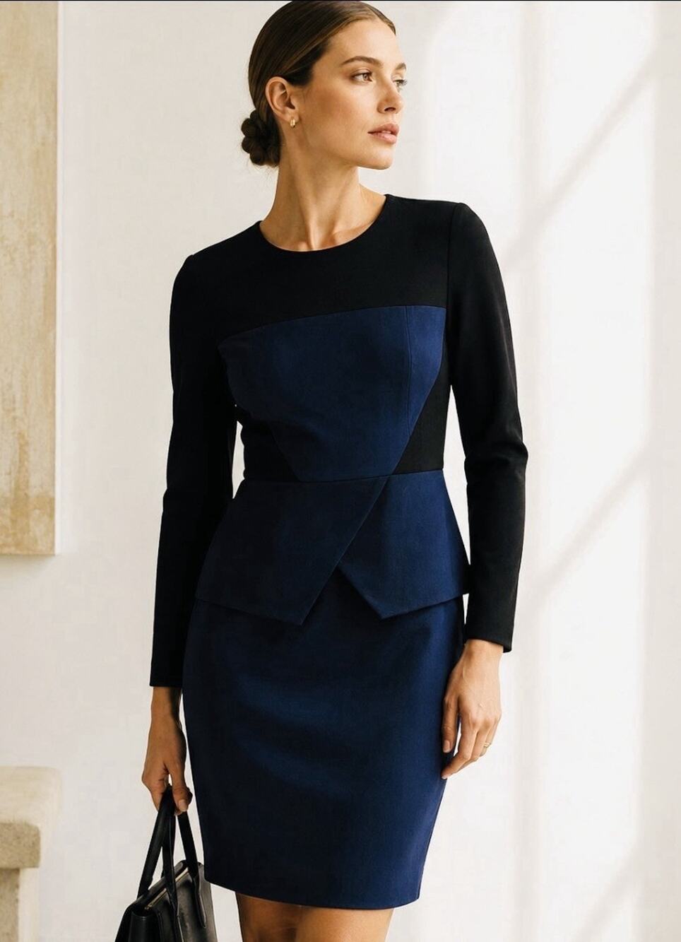 Tibi New York Dress 8 Black Navy Colorblock Peplum Sheath Long Sleeve